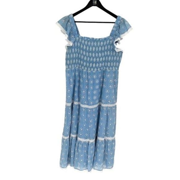 STS Sail To Sable Womens Floral Eyelet Tiered Lace Smocked Dress Blue Large NWT$ - Picture 3 of 9